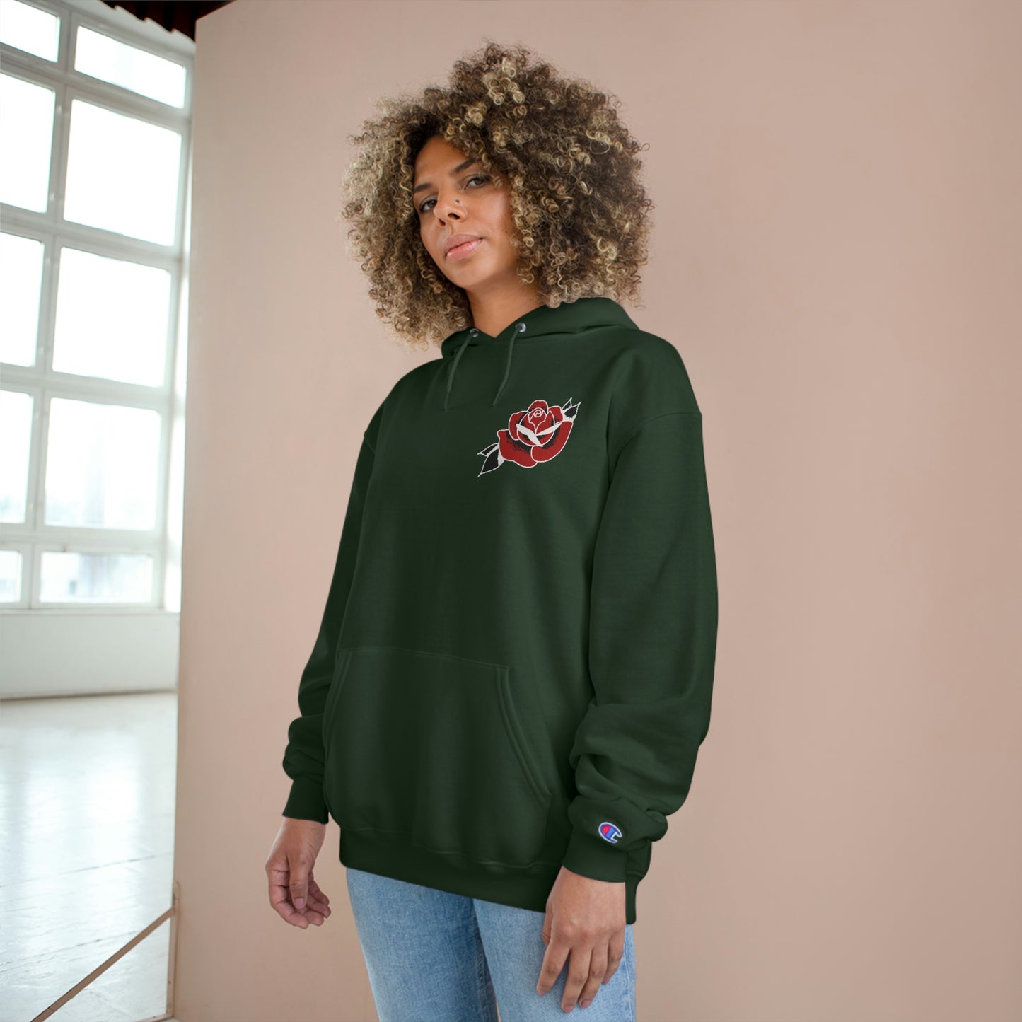 Unisex Champion Hoodie | Gypsy's Red Rose Gypsy Lady (by @ryseart)