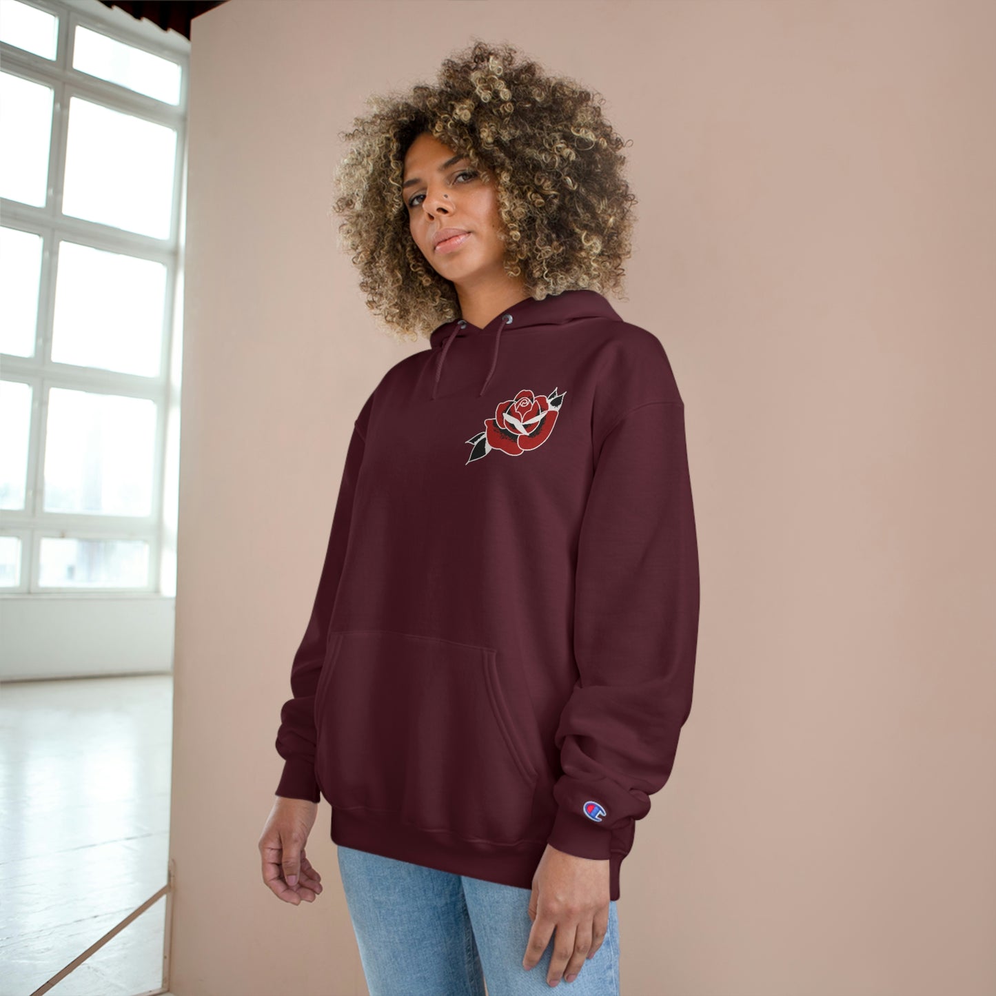 Unisex Champion Hoodie | Gypsy's Red Rose Gypsy Lady (by @ryseart)