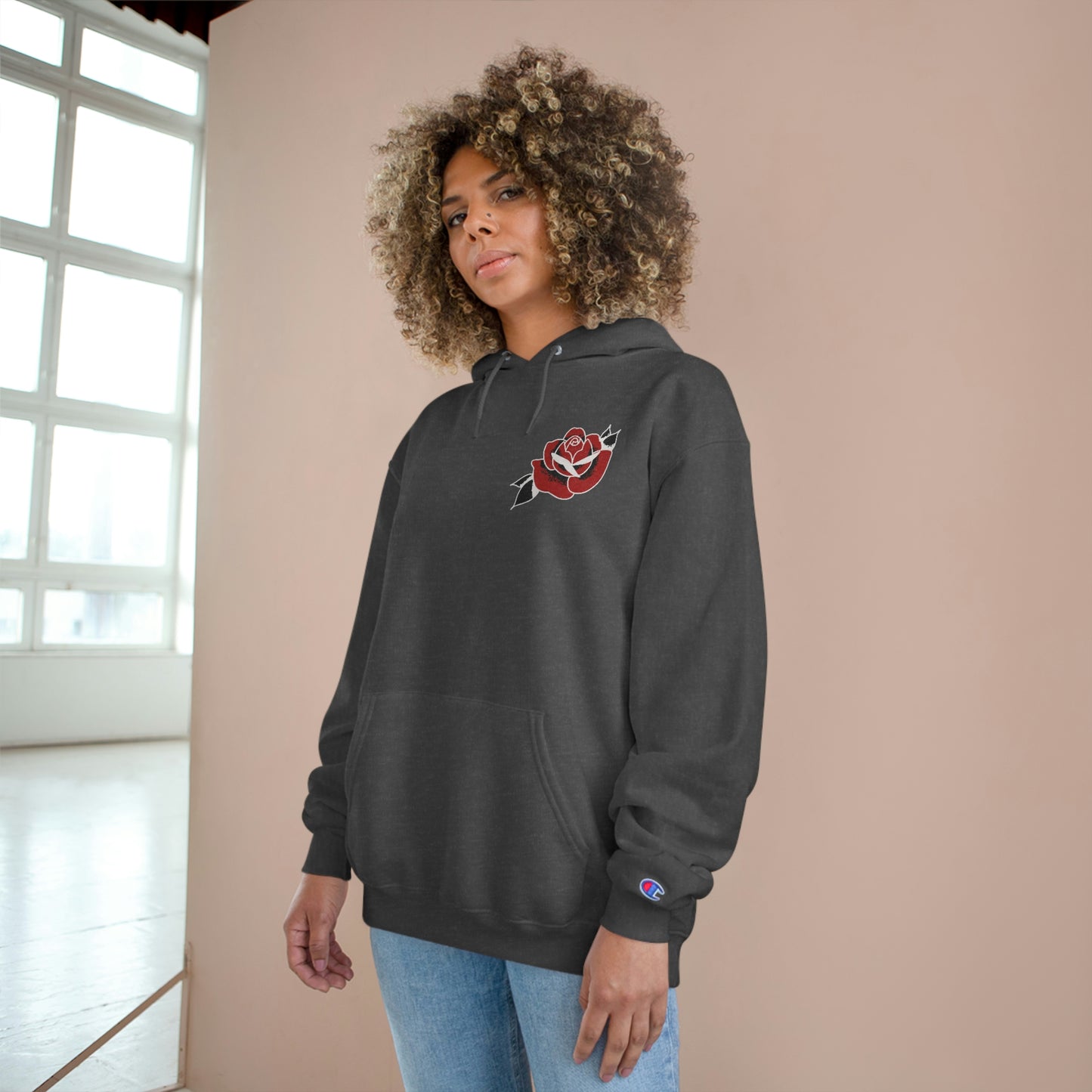 Unisex Champion Hoodie | Gypsy's Red Rose Gypsy Lady (by @ryseart)