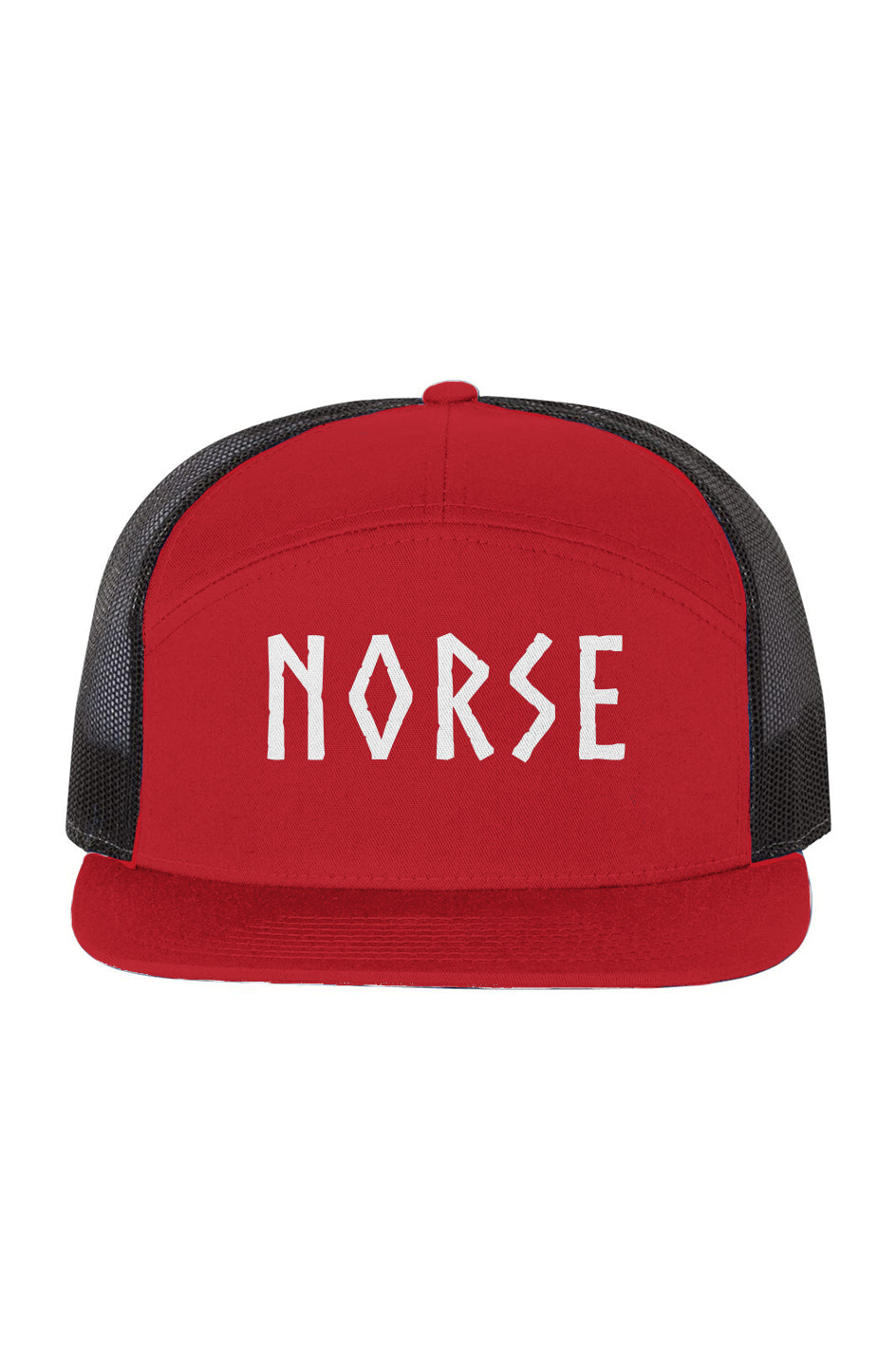 Embroidered Richardson 168 7-Panel Trucker Hat RedBlack | Norse Hockey Letters