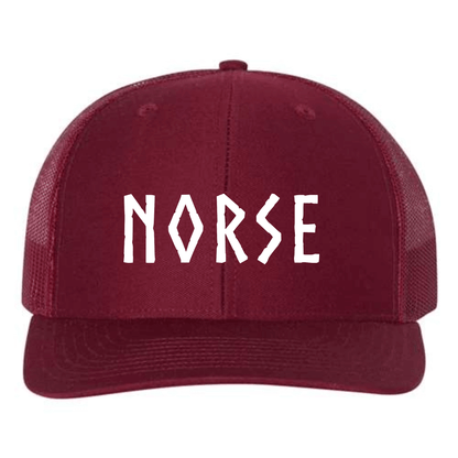 Embroidered Richardson 112 Snapback Trucker Hat Cardinal Red | Norse Hockey Letters